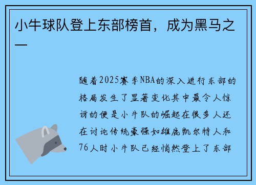 小牛球队登上东部榜首，成为黑马之一