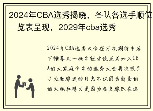 2024年CBA选秀揭晓，各队各选手顺位一览表呈现，2029年cba选秀