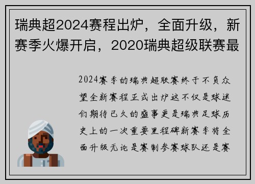 瑞典超2024赛程出炉，全面升级，新赛季火爆开启，2020瑞典超级联赛最新战况