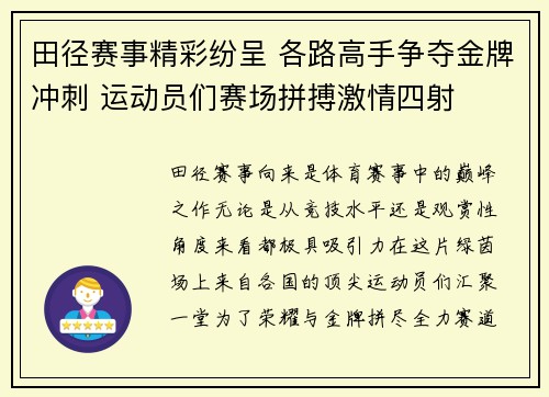 田径赛事精彩纷呈 各路高手争夺金牌冲刺 运动员们赛场拼搏激情四射