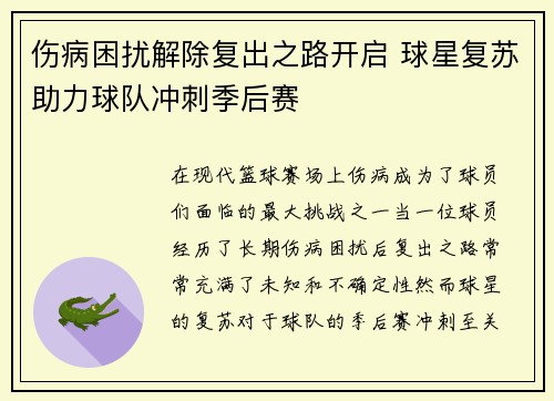 伤病困扰解除复出之路开启 球星复苏助力球队冲刺季后赛