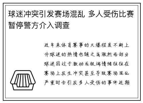 球迷冲突引发赛场混乱 多人受伤比赛暂停警方介入调查