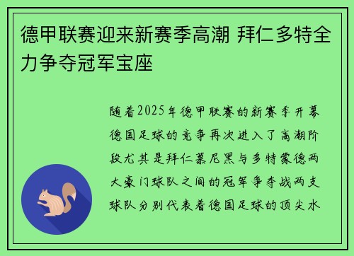 德甲联赛迎来新赛季高潮 拜仁多特全力争夺冠军宝座